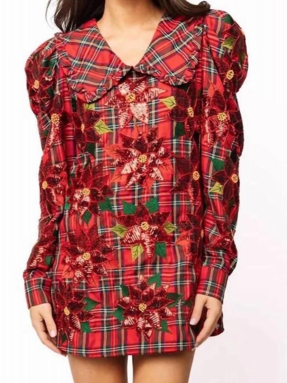 QUEEN OF SPARKLES Poinsettia Dress, Red Christmas Plaid, Sz Large, NWT $287.99